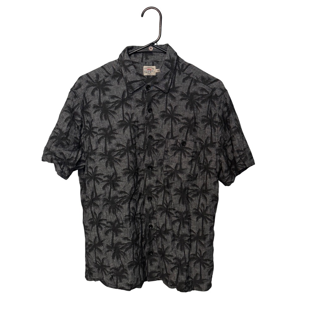 Faherty Button Up Shirt Mens Medium Black Gray Palm Tree Linen Rayon Blend Beach